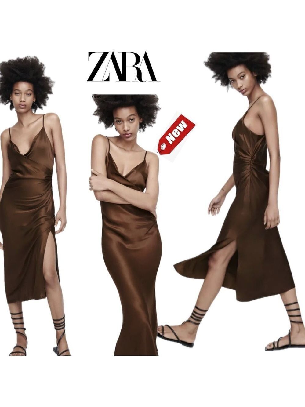 Zara chocolate brown satin effect spaghetti strap V-neck slip dress side slit L